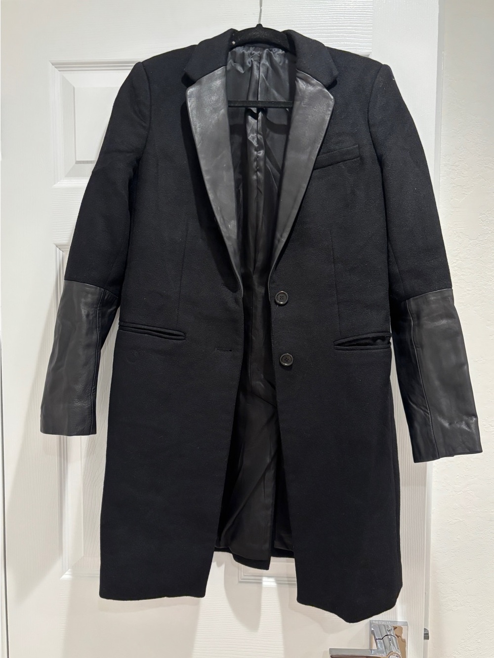 Women’s Black Long Coat with Leather Trim